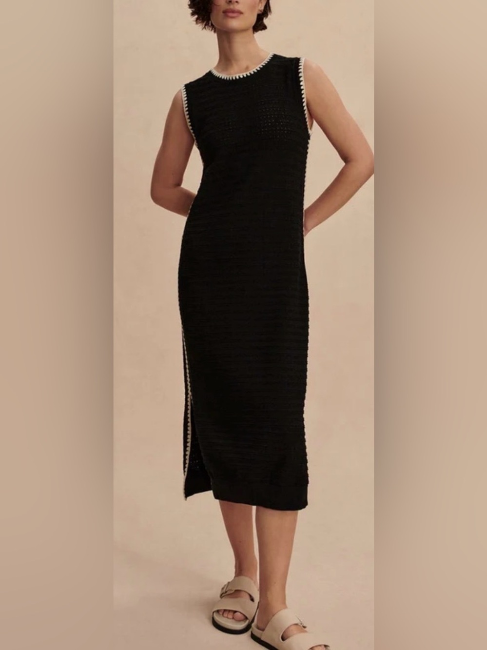 BTFBM Varley-Inspired Black & White Pointelle Knit Midi Tank Dress in Medium